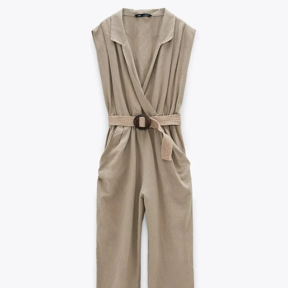 Zara Linen Blend Belted Jumpsuit Sand Sz XL, L